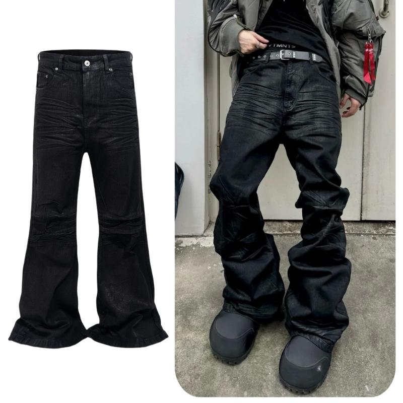 Unisex Black Waxed Coated Flared Jeans Men Women Slim Fit Stacked Long Denim Pants High Street Casual Mid Waist Trousers