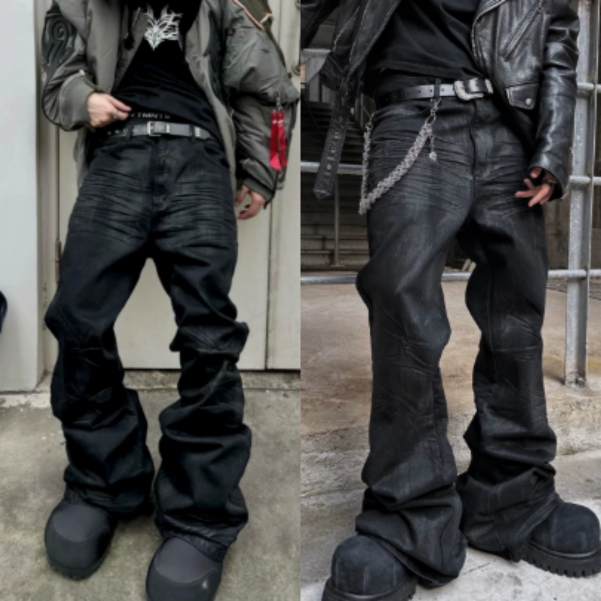 American High Street Wax Coated Flare Jeans For Men Women, Dark Gothic Slim Fit Stacked Floor-Length Denim Pants