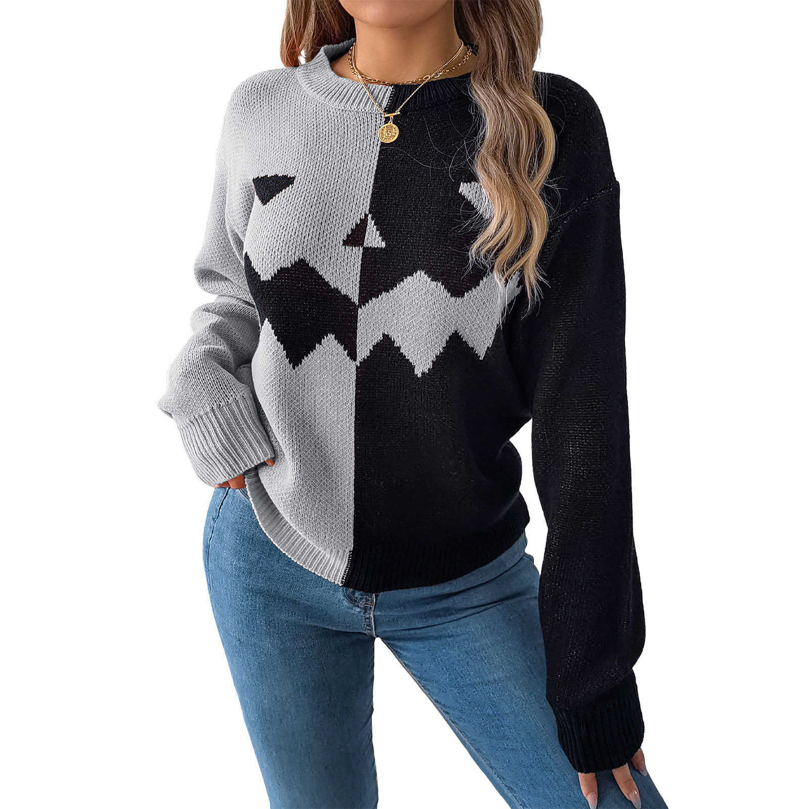 Halloween Women's Pumpkin Sweater Crewneck Knitted Long Sve Pullover Top Fall Winter Fashion Clothes S26091930VT