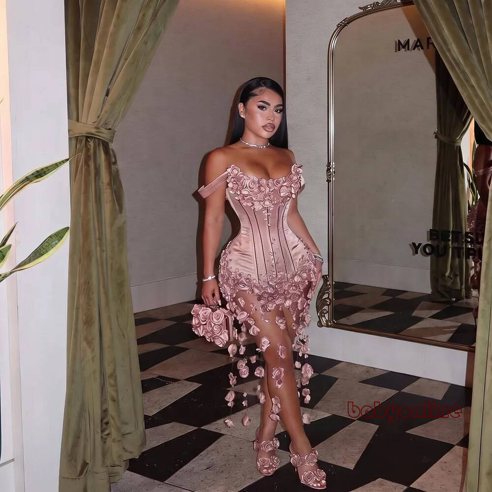 Luxury Pink Petals Floral Short Prom Dresses Velvet Mini Evening Party Flowers Black Girls Birthday Dress Customized