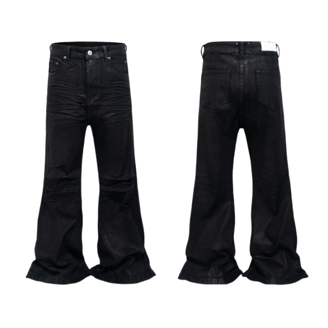 Dark Gothic Streetwear Stacked Flare Jeans For Men Women, Wax Coated Slim Fit Floor Sweep Denim Pants