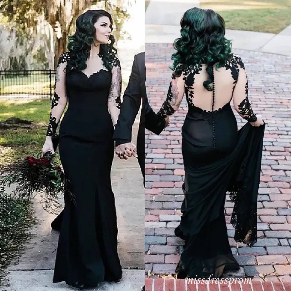 Bridal Gowns Black Wedding Dresses Formal Mermaid Trumpet Sweetheart Long Sleeve Satin Applique Beaded Illusion Plus Size New Custom Button