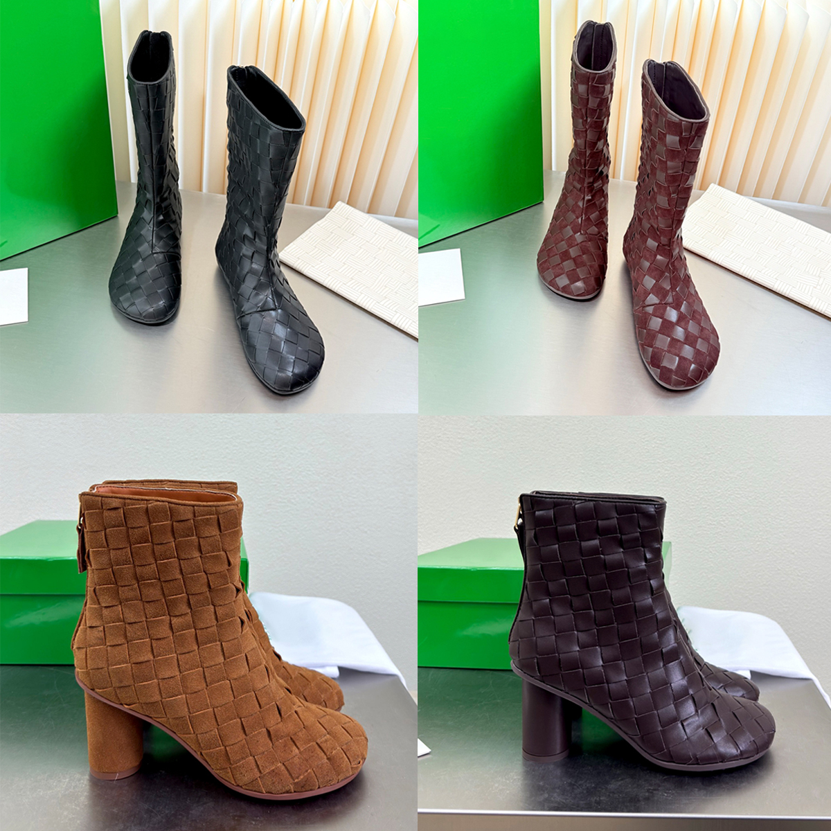 Atomic green Woven Ankle Boots Suede Back Zipper Chunky Heel Women Elegant Genuine Leather Dress shoes Round Toe Mid Calf boot luxurys Designer Ladi