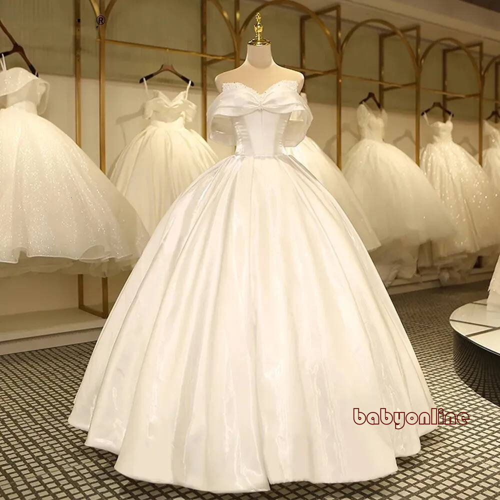 Wedding Dresses White Bridal Gowns A Line Beaded Zipper New Custom Plus Size Lace Up Ivory Sweetheart Off Shoulder Satin Pearls