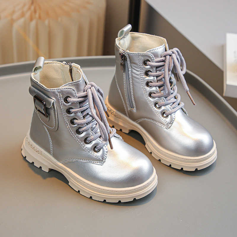 Botas de invierno Botas de cuero para niños de otoño Botas altas plateadas para niñas Zapatos de cuero con diseño de hebilla lateral de princesa Bot