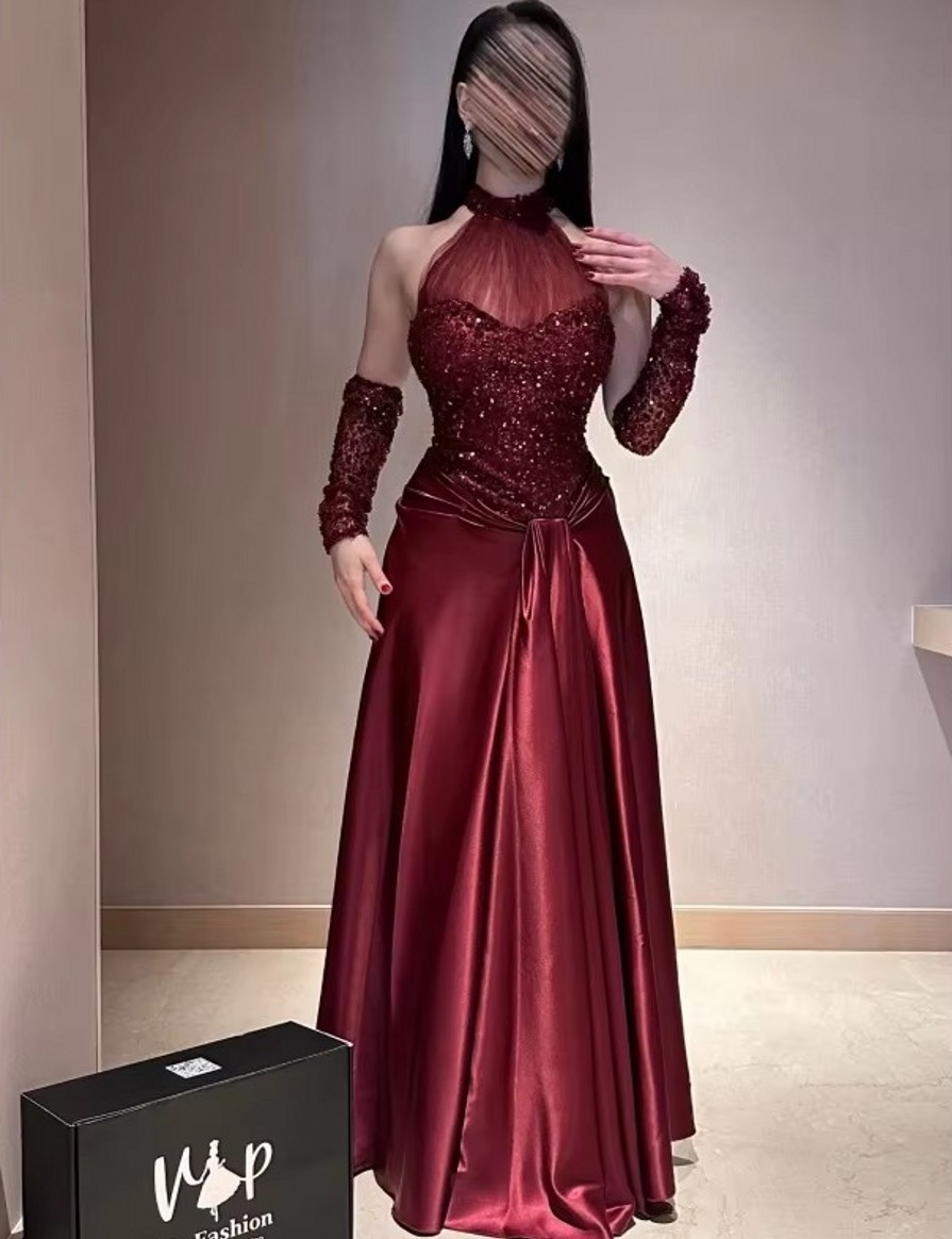 Luxury Burgundy Red Evening Formal Dresses Halter Detachable Sleeves Beads Sequins Satin Prom Pageant Party Gowns Celebrity Vestidos De Feast Gala