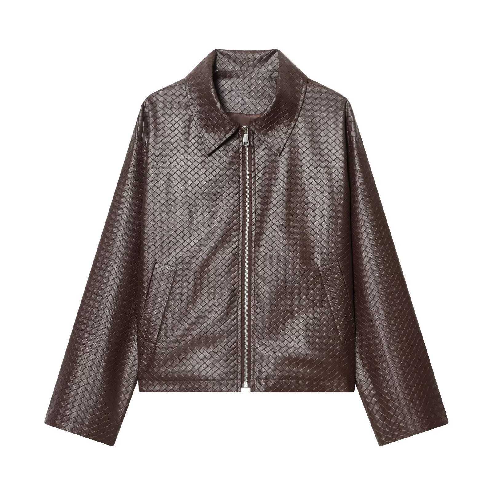 Designer Leather Jacket Luxury Women Dark Brown Woven Pattern Turn Down Collar Zip Up Coat Fashion Streetwear Outerwear