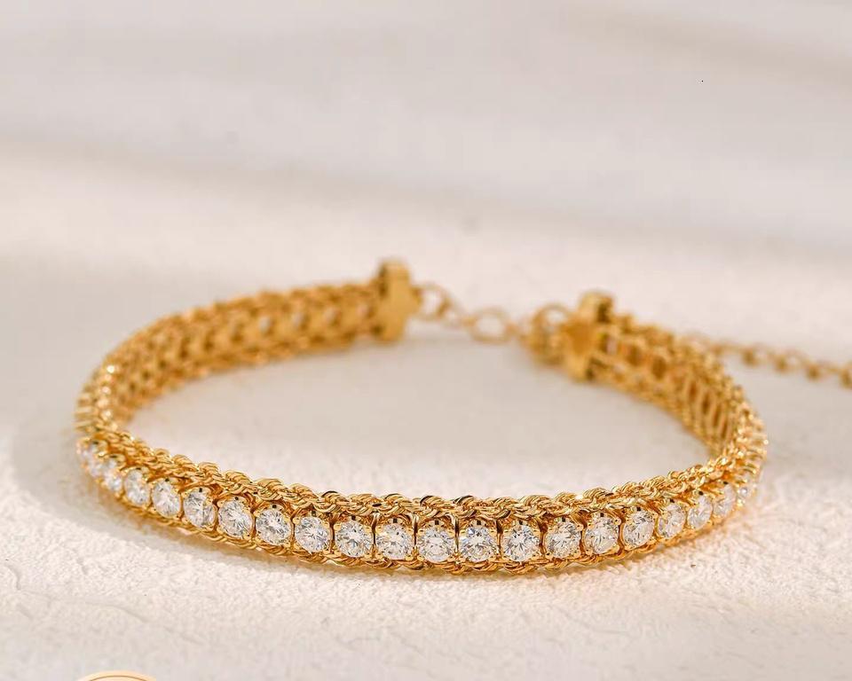 Vintage Woven Round Moissanite Bracelet S925 Silver Gold Plated Bezel Set Moissanite Chain Bracelet Women Fine Jewelry Gift