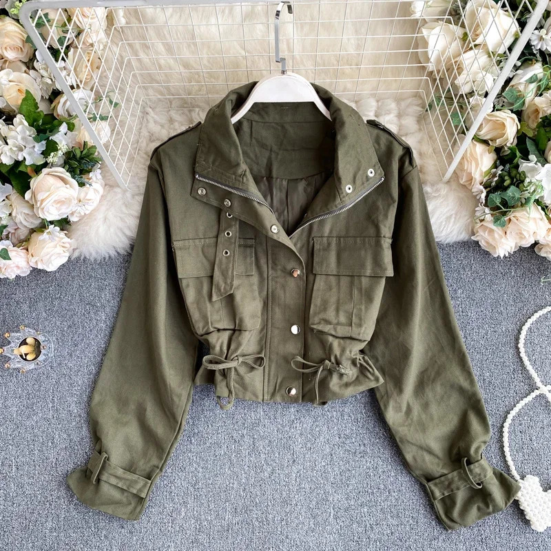 Fashion Spring Autumn Womens Jacket Solid Safari Style Turn Down Collar Full Sleeve All Match Short Coat with Pockets 260920