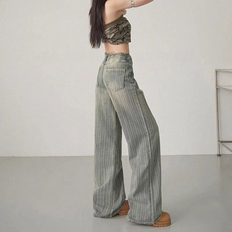Jeans da donna a vita alta con gamba dritta e vestibilità ampia, colore a righe, stile vintage americano, lunghezza del pavimento, primavera autunno