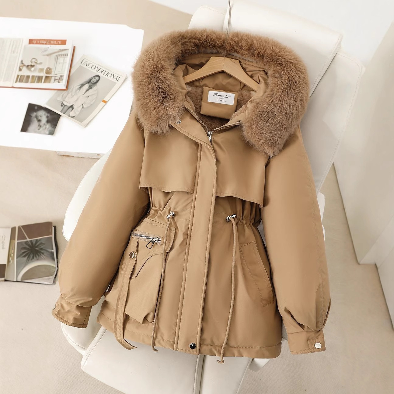 New for Women Winter 2025 New Large Fur Collar Women's Parka Fashion Versatile Fleece-Lined Coat