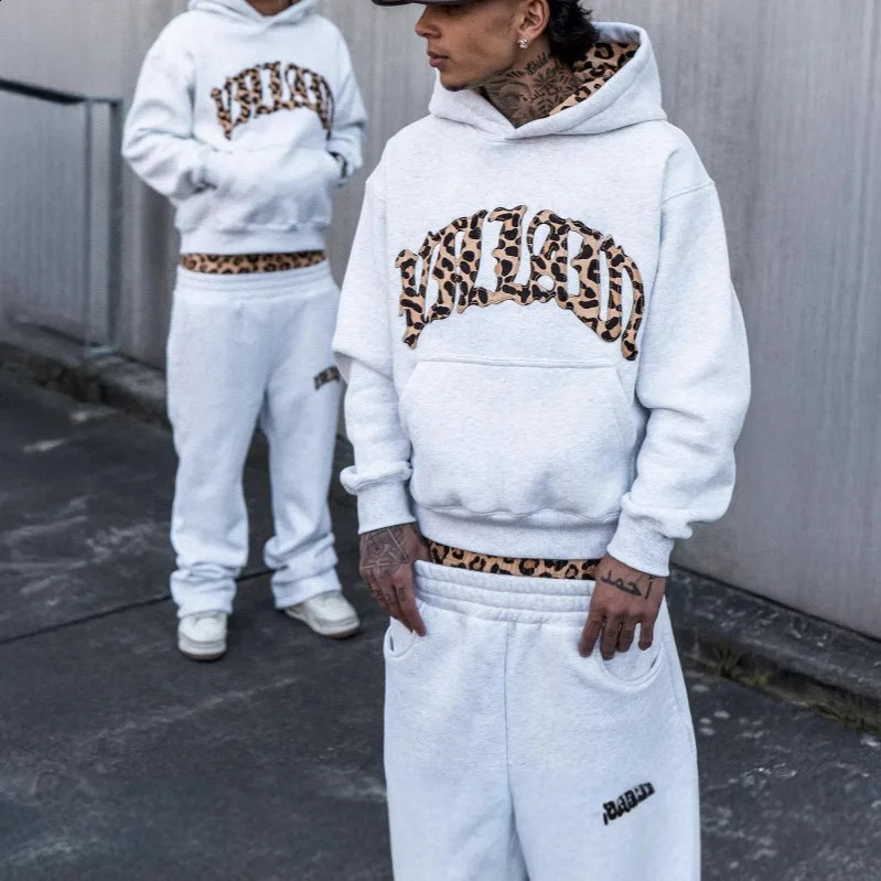 American hip-hop leopard print letter embroidery men hoodie retro Harajuku street sports suit fashionable casual sweatshirts 260918