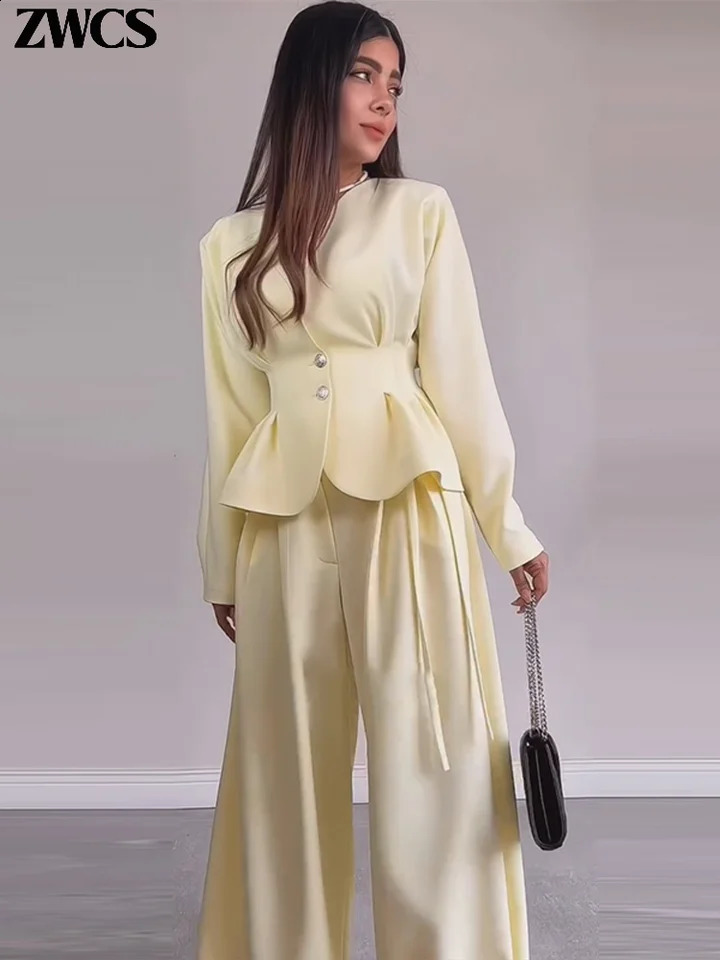 Elegant Waist-cinching Blazer Pants Set Women's Slim V-neck Single-breasted Pleated Coat Loose Wide Leg Trousers 2026 Outfit 260920