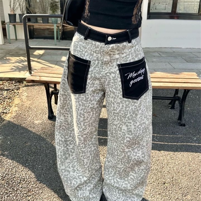 Y2K Leopard Print Straight Leg Jeans Pocket Curved Knife Workwear Wide Leg Loose Pants for Women Spring 260920