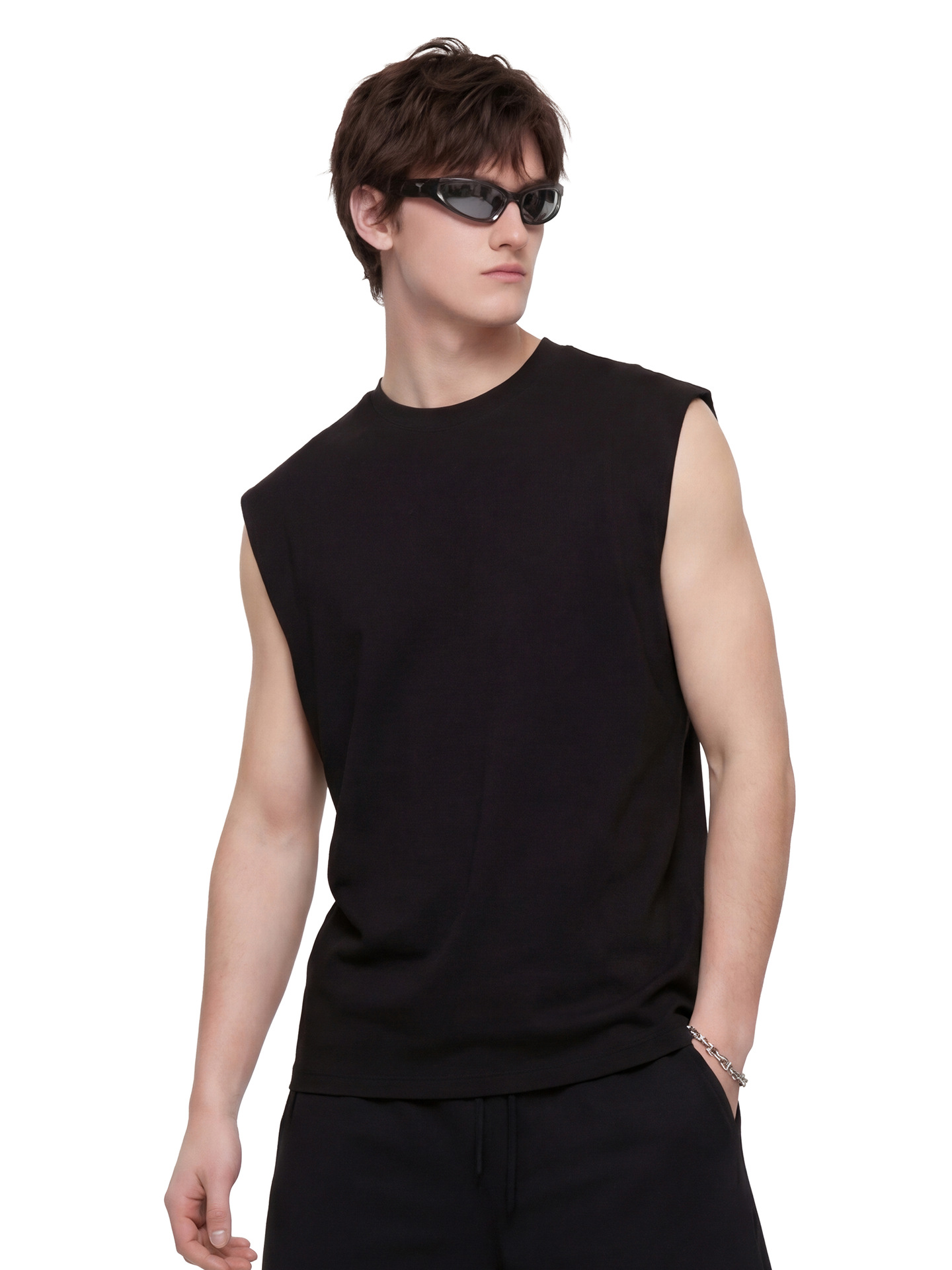 Solid-color long-sleeved men's casual shirt for summer, 220G, breathable, round-neck style, trendy, sleeveless, loose-fitting, casual vest