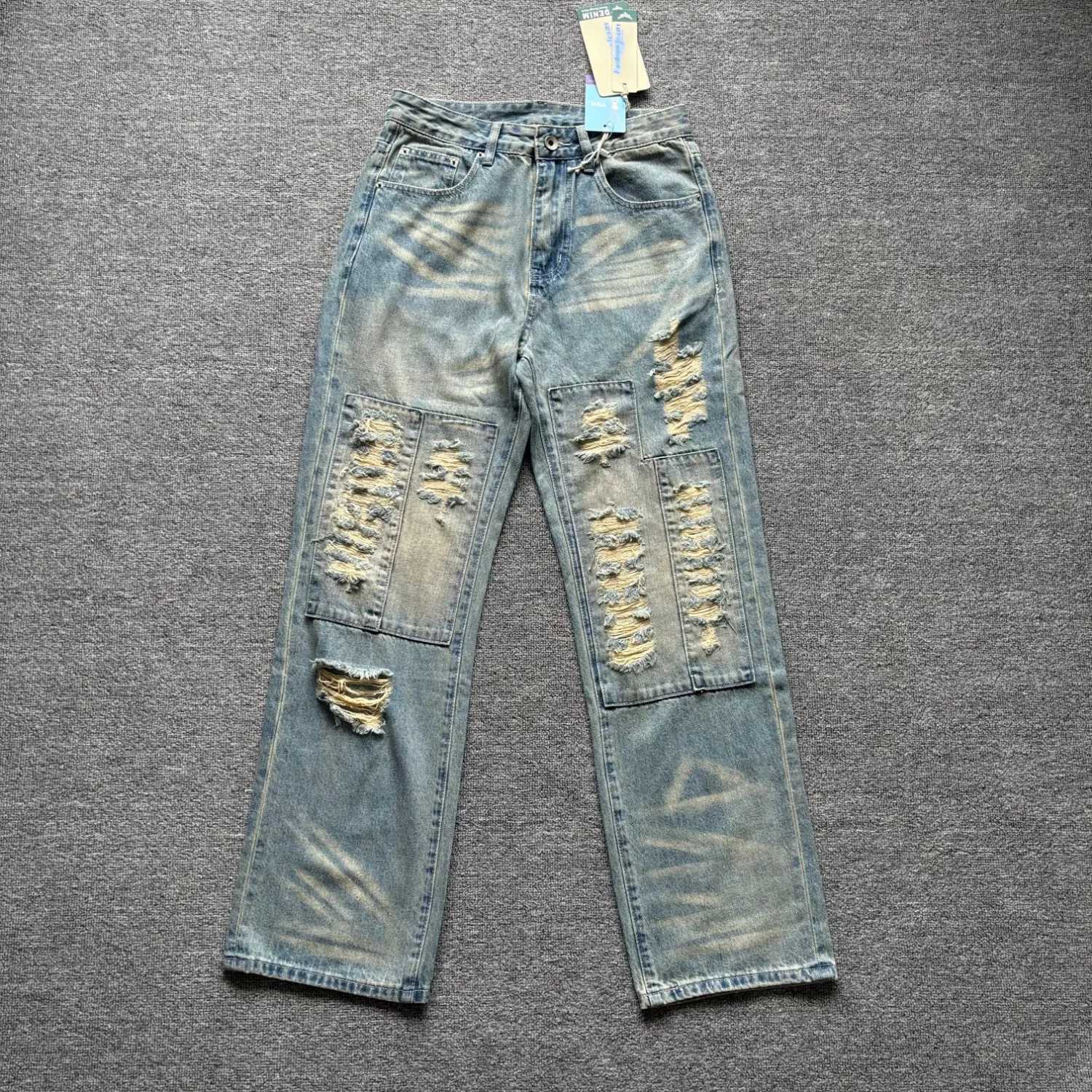 Men's Jeans American style distressed patched ripped wide leg jeans for men retro washed straight trousers X260919