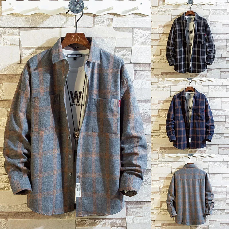 Spring Autumn Men's Shirt Casual Korean Style Loose Fit Plus Size Trendy Plaid Fashionable Men's Shirt 260920