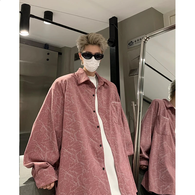Men's Tie-dye Corduroy Shirts Long Sleeve Streetwear Shirt Korean Style Woman Men Soft Loose Casual Shirt Autumn Pink/Black 260920