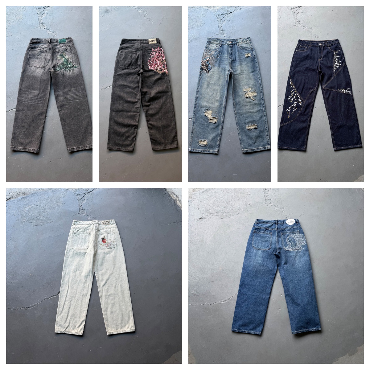 derschutze jeans mens designers Patchwork Cherry Blossom Embroidery Denim Pants Y2k Vintage Women Baggy trousers Straight Jeans Street Men Clothes m