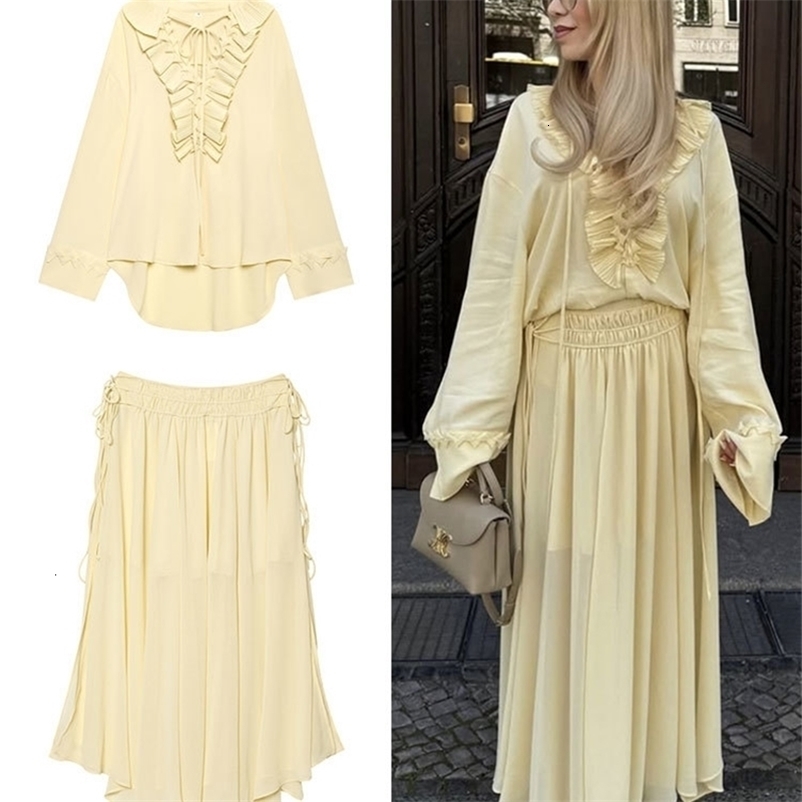 HH Women Elegant Yellow Ruffles Lace-up Blouse Skirts Sets Long Sleeve V Neck Shirt Pleated Midi Skirt 2025 Outfits 260918