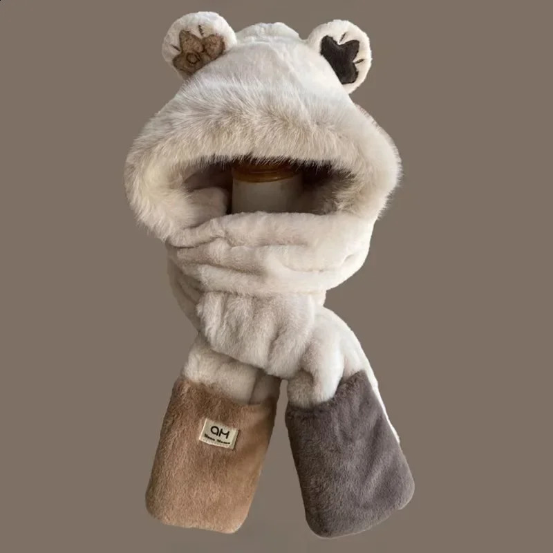 Bear Ear Fleece Lined Plush Hat Scarf Set Women's Winter Warm Thickened Integrated Hooded Scarf Hat Combo from China 260918