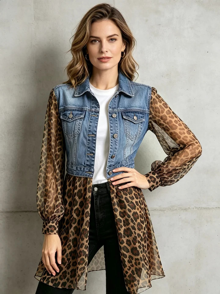 Cappotto di jeans da donna leopardato in chiffon vintage Colletto con risvolto Manica lunga trasparente Top slim fit Elegante giacche monopetto 2609
