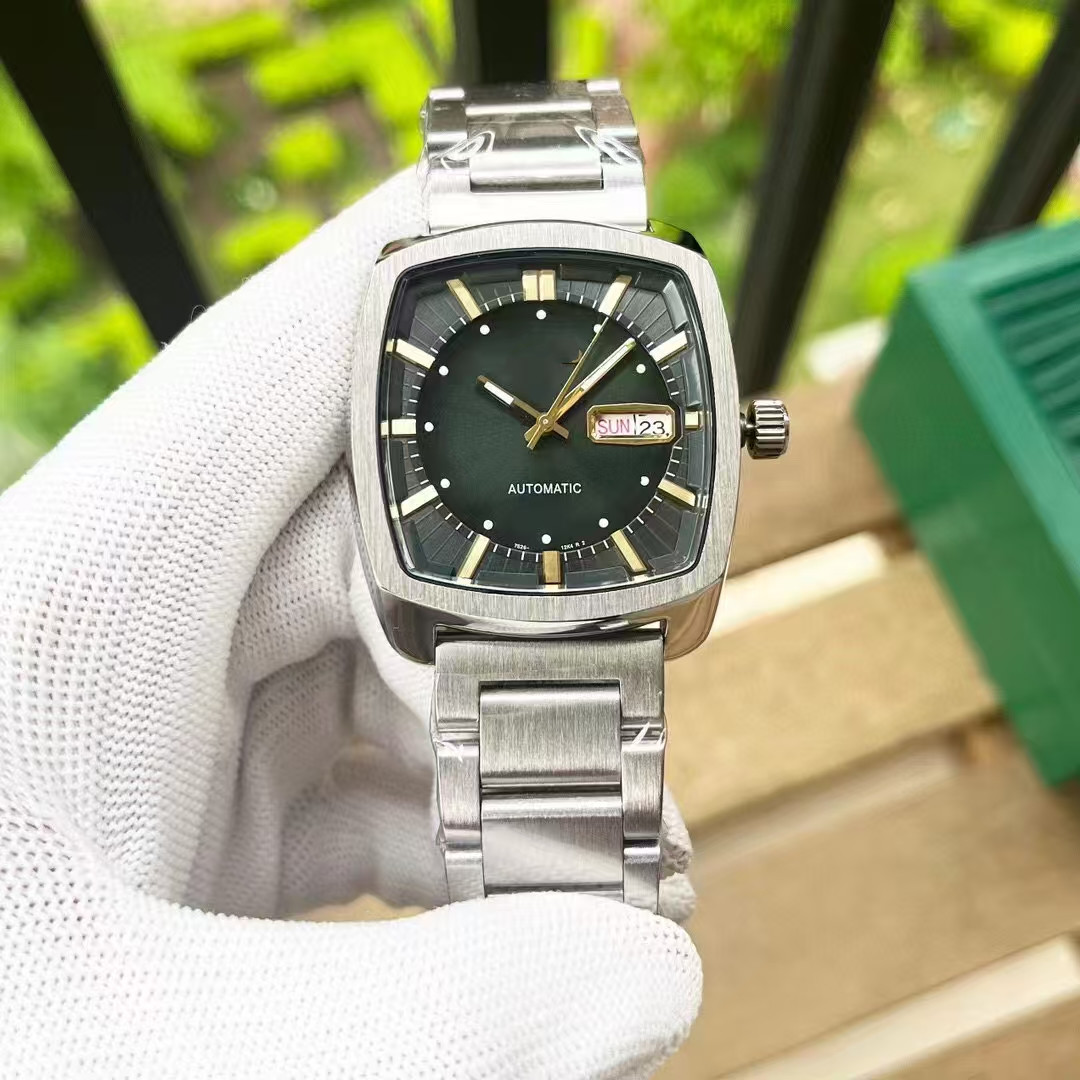 Top Men's SEIKOity Recraft Mechanical Automatic Movement Watch Double Calendar Rectangular Wine Barrel Stainless Steel Watch Designer Retro Bus
