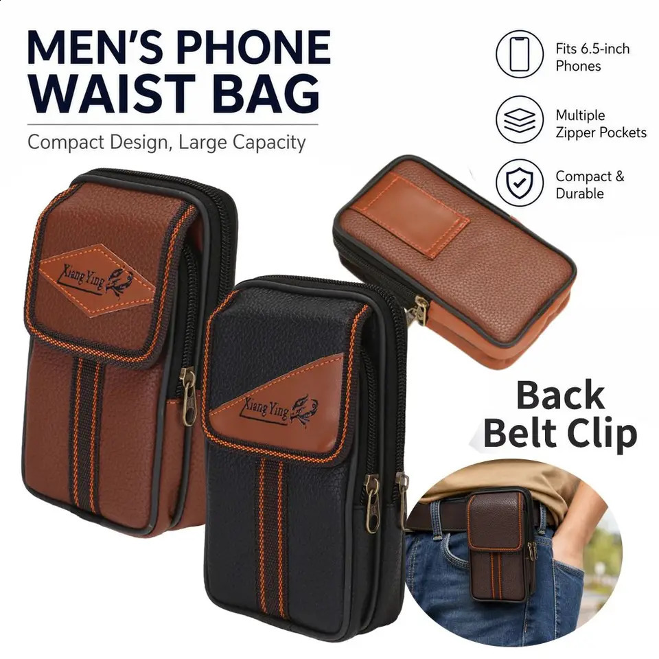 PU Leather Man Belt Pouch Zipper 6.5inch Phone Case Universal Multiple Layers Phone Belt Clip Bag Outdoor Camping 260918