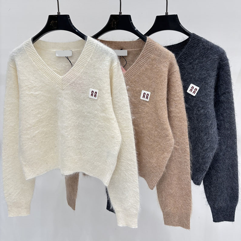 Cropped Knit Sweater Women Slim Fit V Neck Long Sleeve Knit Tops Autumn Elegant Versatile Fluffy Mohair Knitted Pullovers for Women