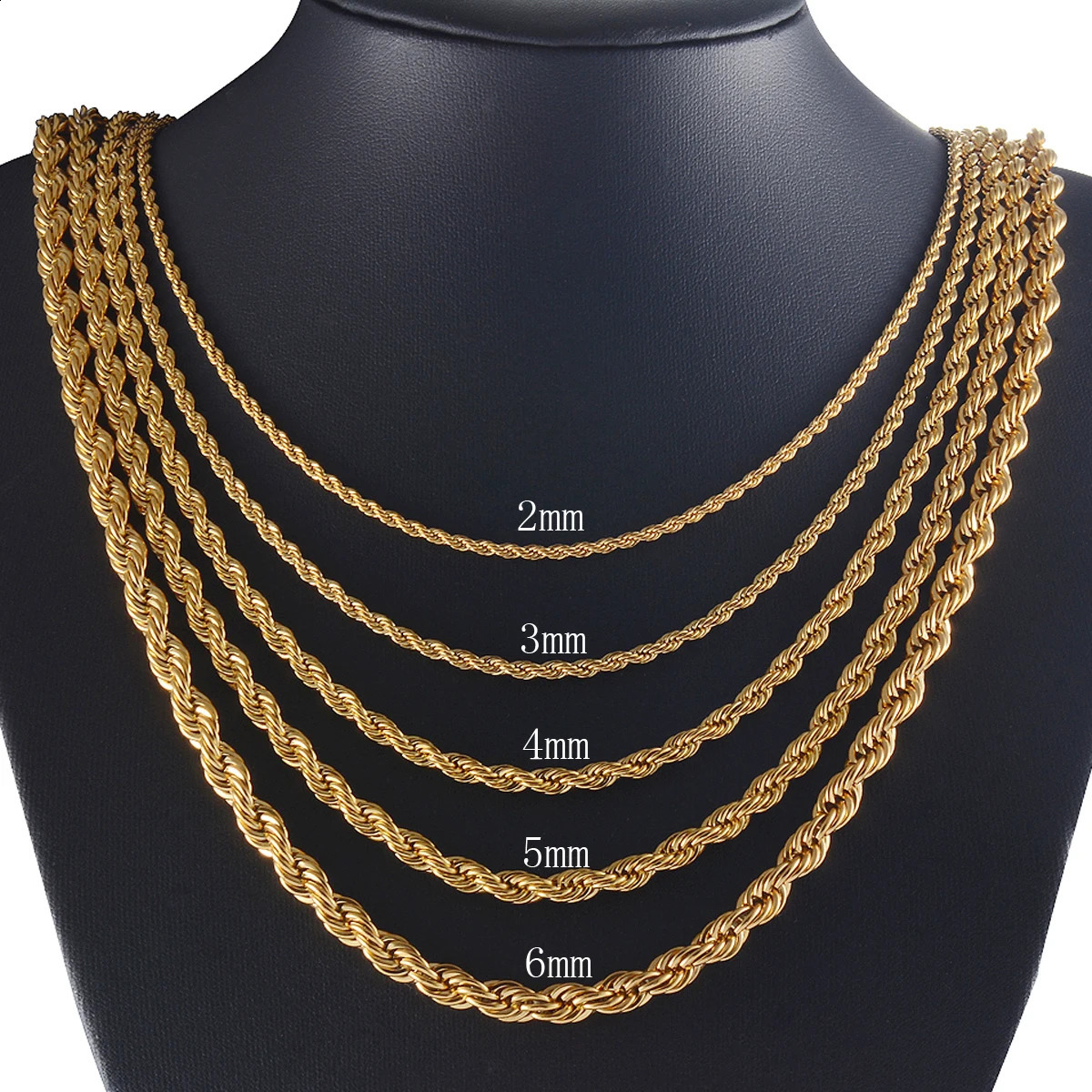 10PCS Wholesale 2/3/4/5/6mm Men Women Stainless Steel Twisted Rope Chain Necklace Gold Color Plate Jewelry Choker Accessory Gift 260920