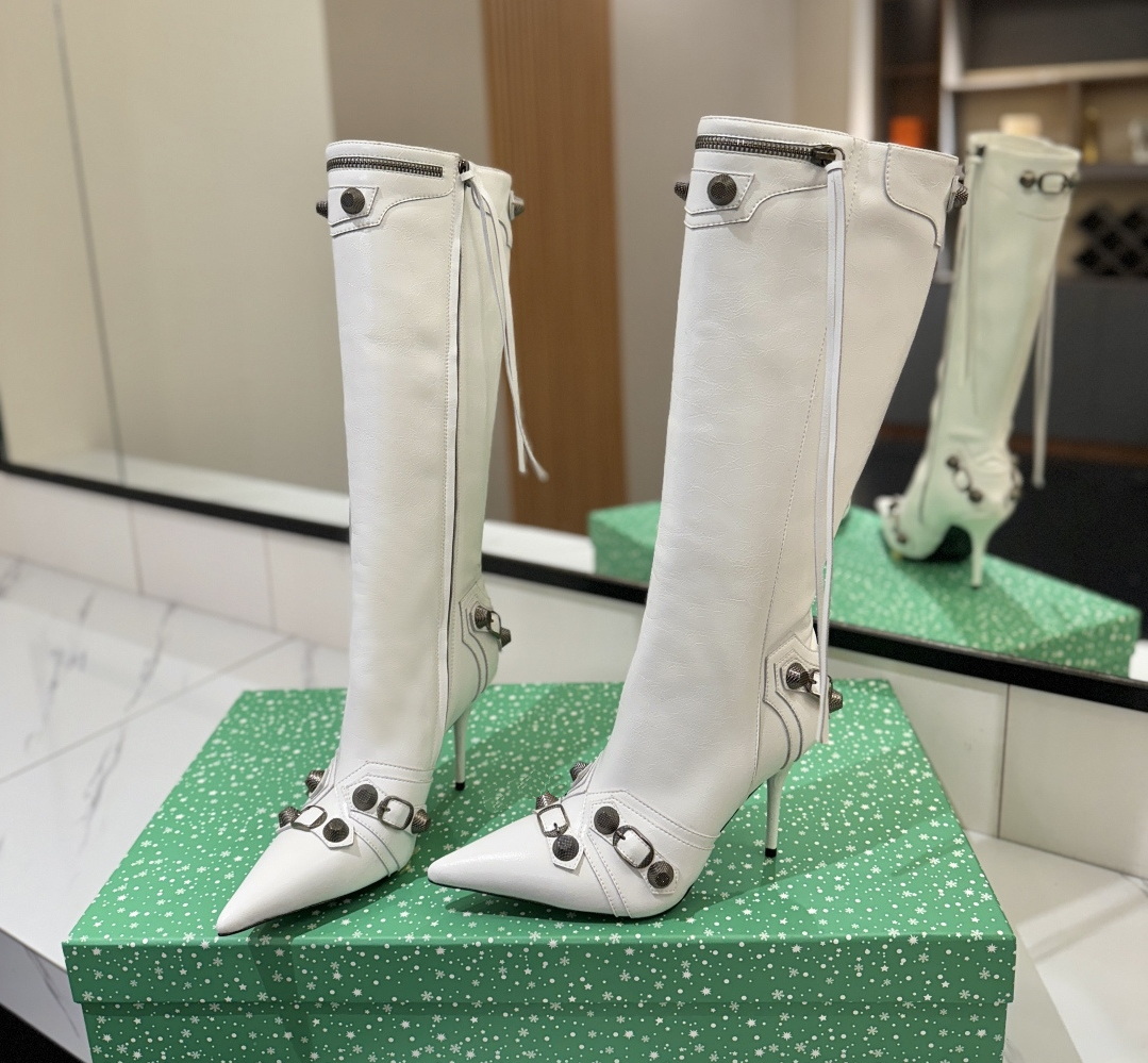 Designer Womens Dress Shoes Luxury Women Pointed Toe Metallic Rivets Studs Punk Boots Knee High Neon Green Yellow Pink Long Gothic Boots Side Zipper