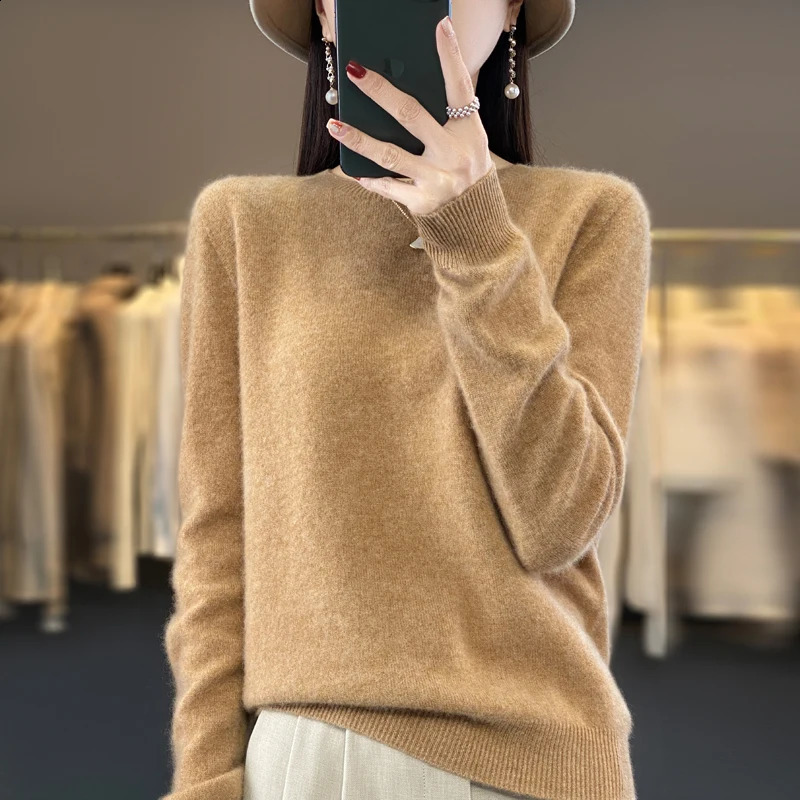 100% Merino Wool Sweater Women Oneck Cashmere Knitwear Female Pullover Autumn Winter Casual Tops Solid Color Soft Clothing 260920