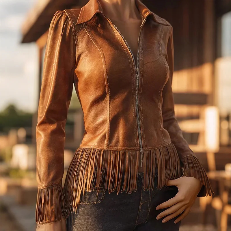 Western Brown PU Leather Shirt Collar Fringe Hem Zipper Jacket for Women Long Sleeve High Street Coat Autumn Lady Outerwear 260918