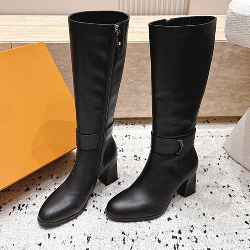 Midtown Botas altas para mujer de lujo de cuero de becerro negro con cremallera Botas de tacón alto de moda Hebilla de metal Decoración Invierno Cas