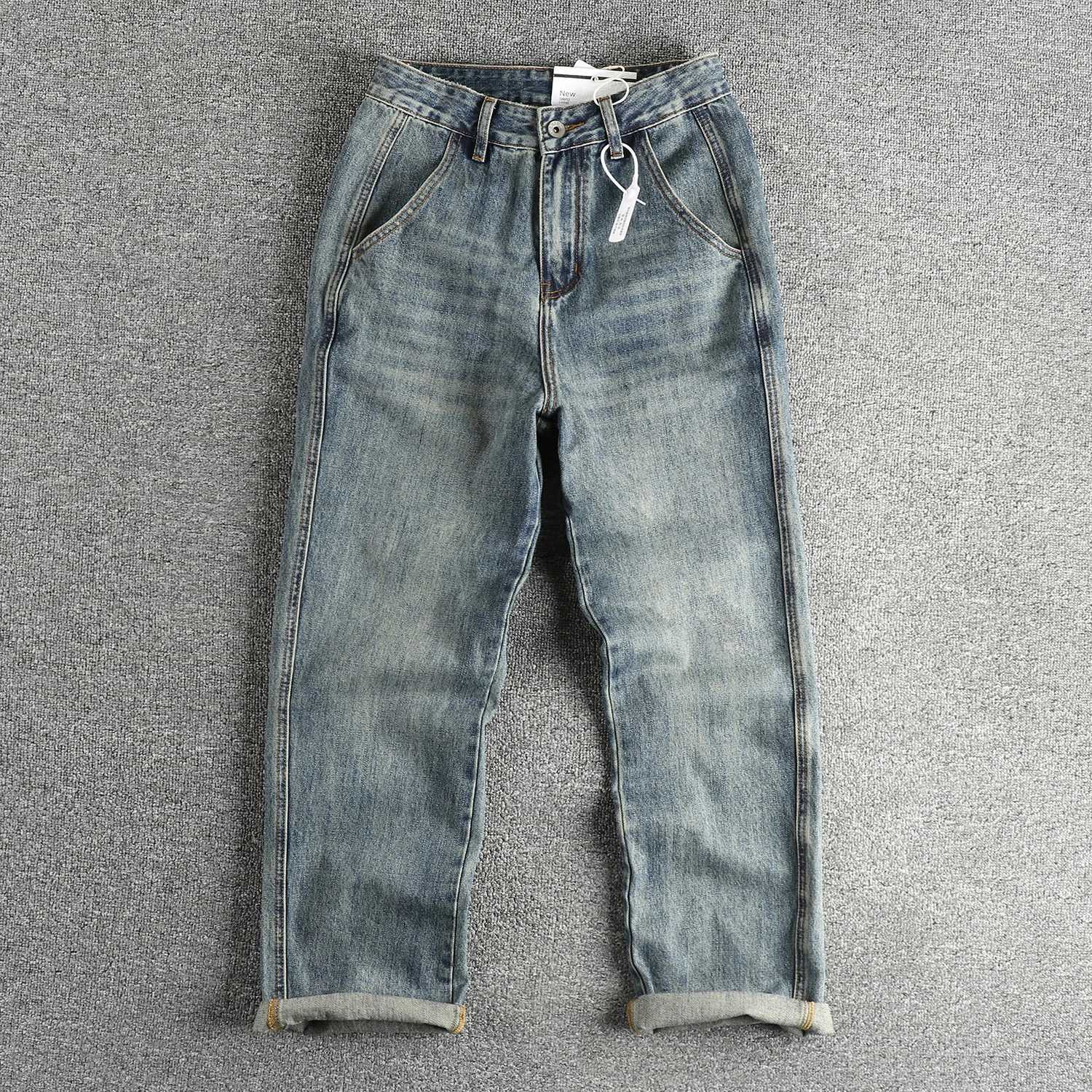 Men's Jeans Spring new double bone edge design American retro loose straight leg jeans men washed to make old retro blue pants X260919