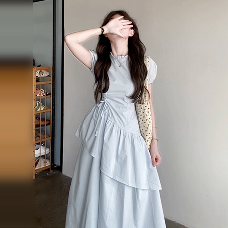 M0815 Summer Beauty Short Sleeve Dress Women's Summer New Small Man Pleated Skinny Temperament Cake Long Dress