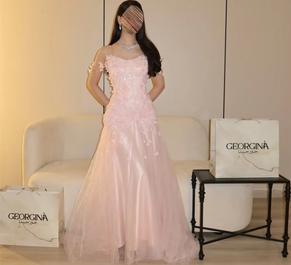 Elegant Pink Evening Formal Dresses Off-the-shoulder 3D Floral Lace Tulle Prom Pageant Party Gowns Celebrity Vestidos De Feast Gala