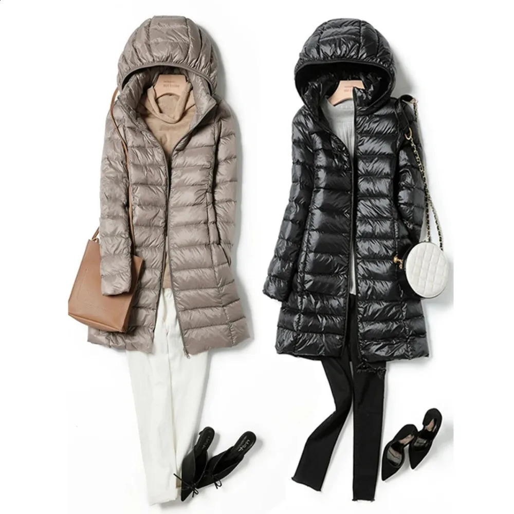 Light Down Coat Women X-long Office Lady Hat Detachable Puffer Jackets Spring Autumn Winter White Duck Down Coat Warm Pockets 260918