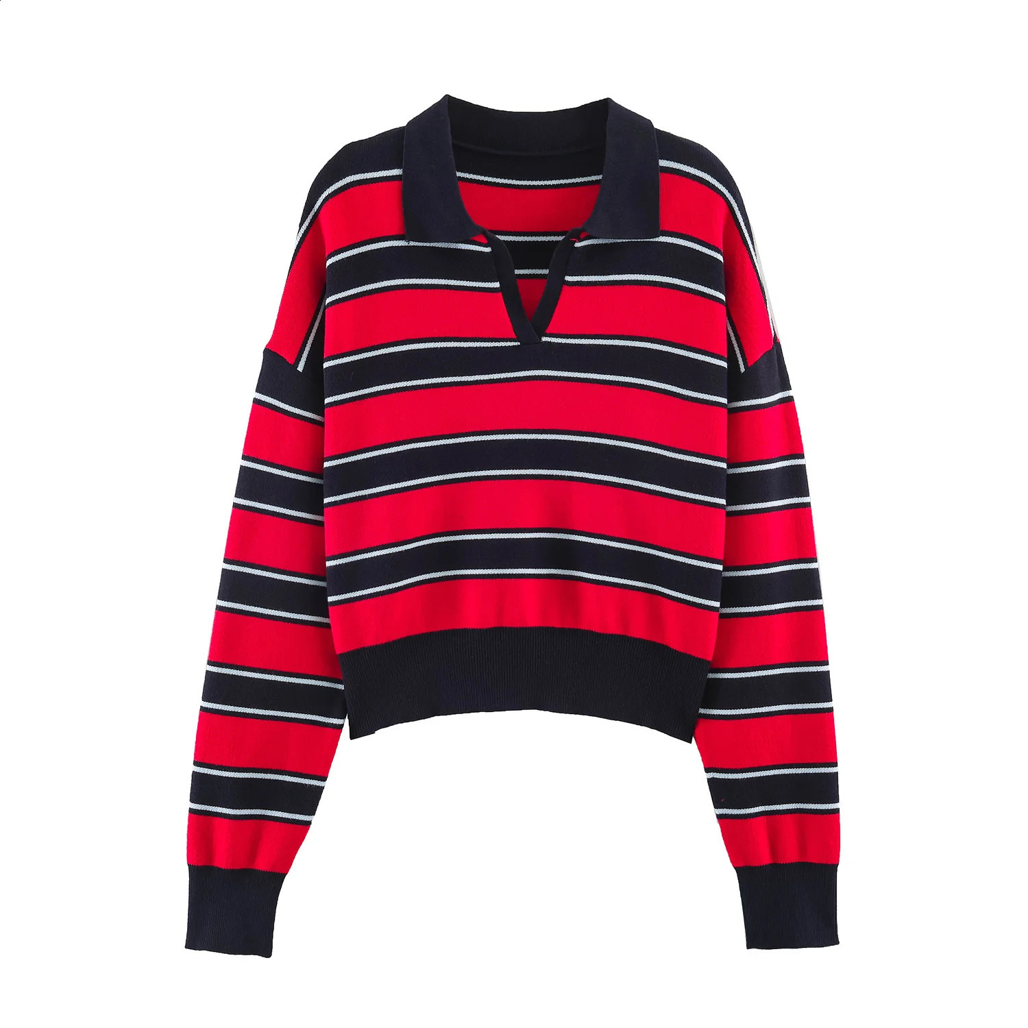 2026 Spring Autumn Womens Elegant Chic Loose Lapel Striped Knitted Pullovers Lady Vintage Warm Polo Oversized Short Sweaters 260922