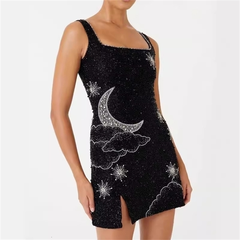 Fashion Sexy Sleeveless Uneck Embroidered Sequin Slim Fit Slit Spaghetti Strap Dress For Women 260918
