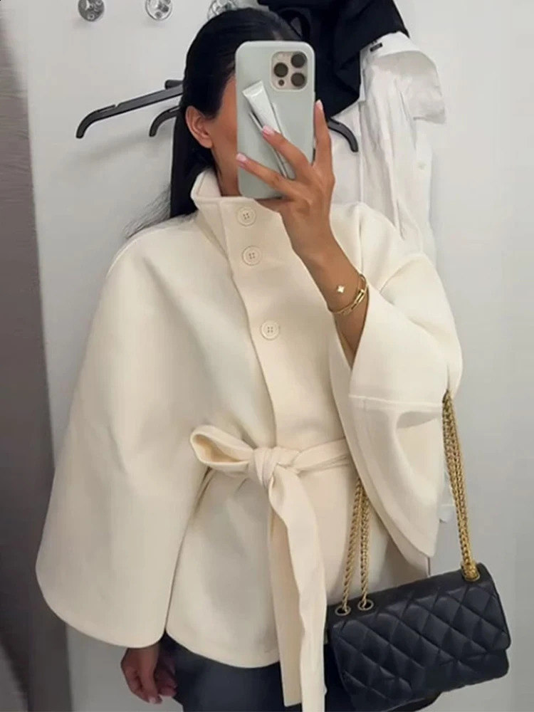 Womens Short Cape Coats For Women Belt Faux Wool Blends Coats Autumn Winter Solid Coats Elegant Cloak Jacket Ladies 2026 260920