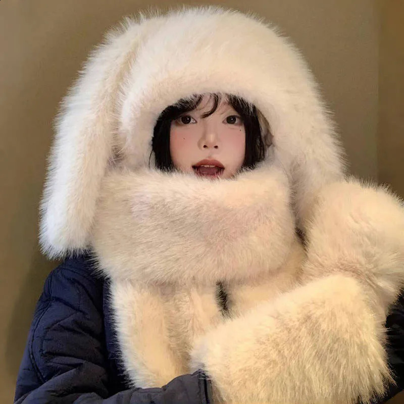 Cute Rabbit Ear Hat Winter Thicken Warm Woolen Hat Women Fashion n Outdoor Comfortable Soft Ear Protection Neckerchief Hat 260918