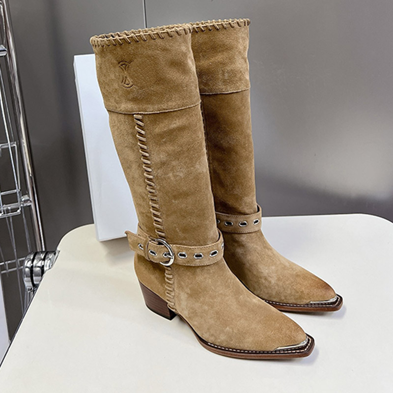 Famosa señora diseñadora bordado botas altas occidentales suela de cuero genuino botas de moda de fin de semana botas de viaje de corta distancia