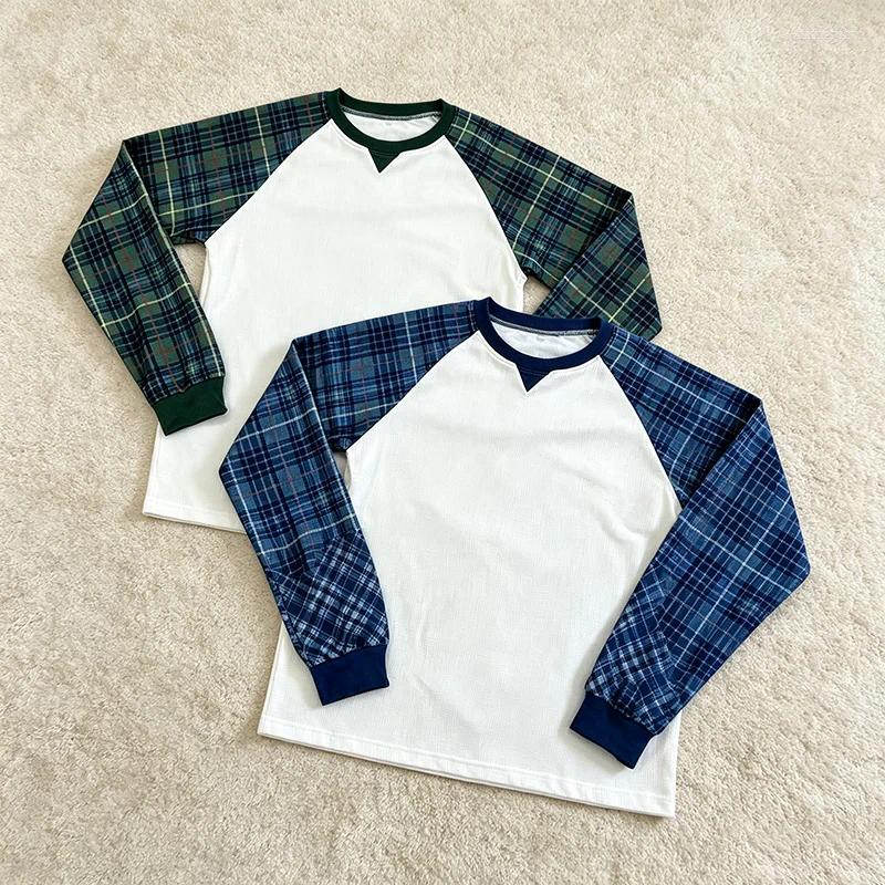 Retro Plaid Shoulder Waffle Long Sleeved T-shirt With Round Neck Pullover Casual Loose Versatile Trendy Men's Top For Autumn