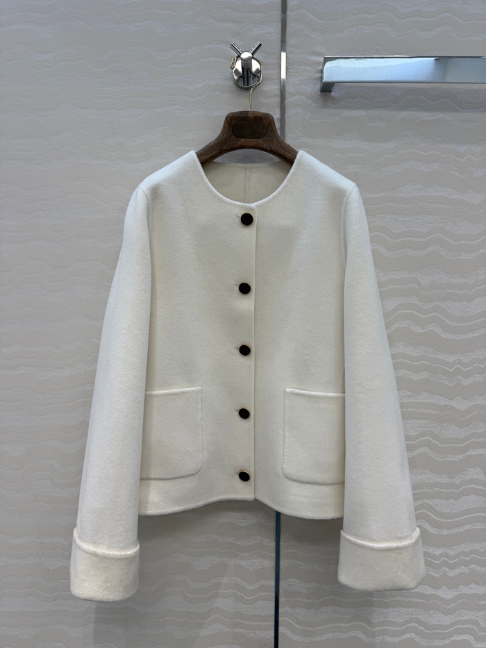 2026 Autumn Ivory Solid Color Woolen Jacket Long Sleeve Round Neck Double Pockets Single-Breasted Jackets Coat Short Outwear WS6S20 Check Size Chart