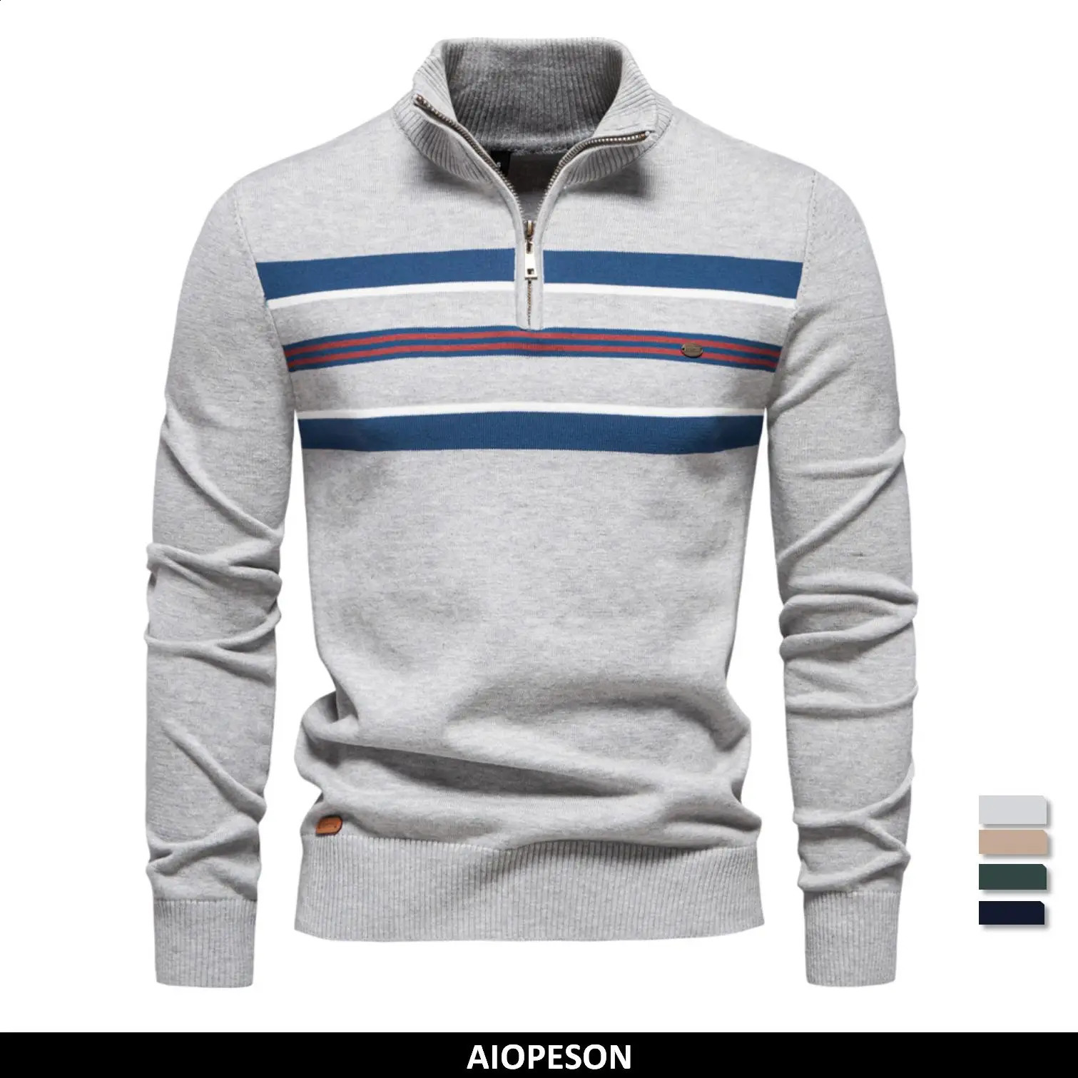 AIOPESON Mens Mock Neck Cotton Pullover Knit Sweaters Casual Business Strip Ribbed Turtleneck for Men 260918
