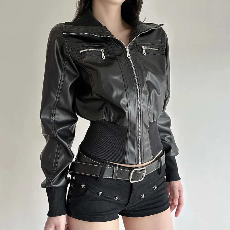 Short Fit-waist PU Jacket in Spring Autumn Motorcycle Style Retro Style Spliced Versatile Outerwear for Fashion-forward Women 260918