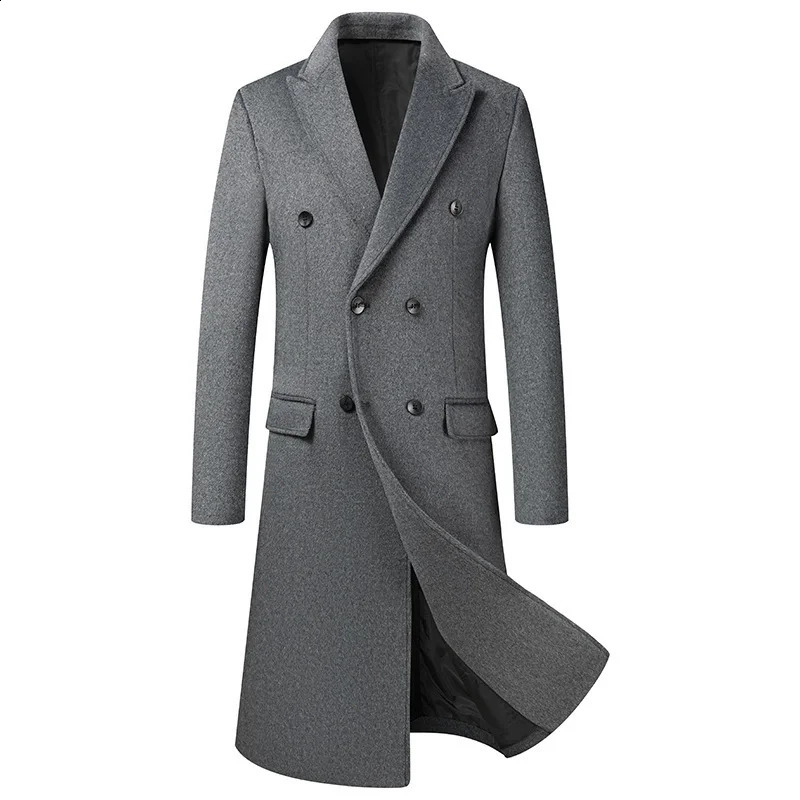 Autumn Winter Men's Long Wool Blends Coats England Style Solid Color Double Breasted Woolen Outerwear Men Smart Casual Trench 260920