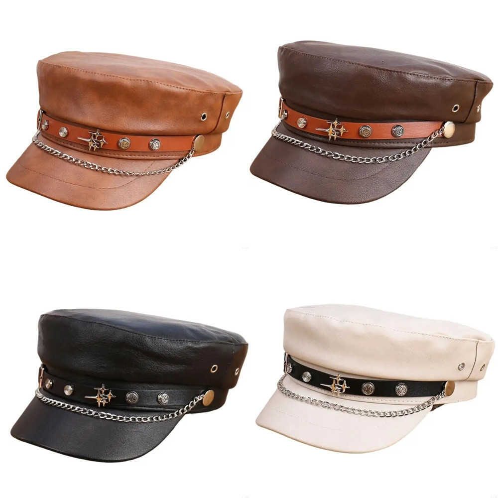 PU Berets Modern Chain Decorated Leather Flat Border Hat Navies for Men and Women J260919
