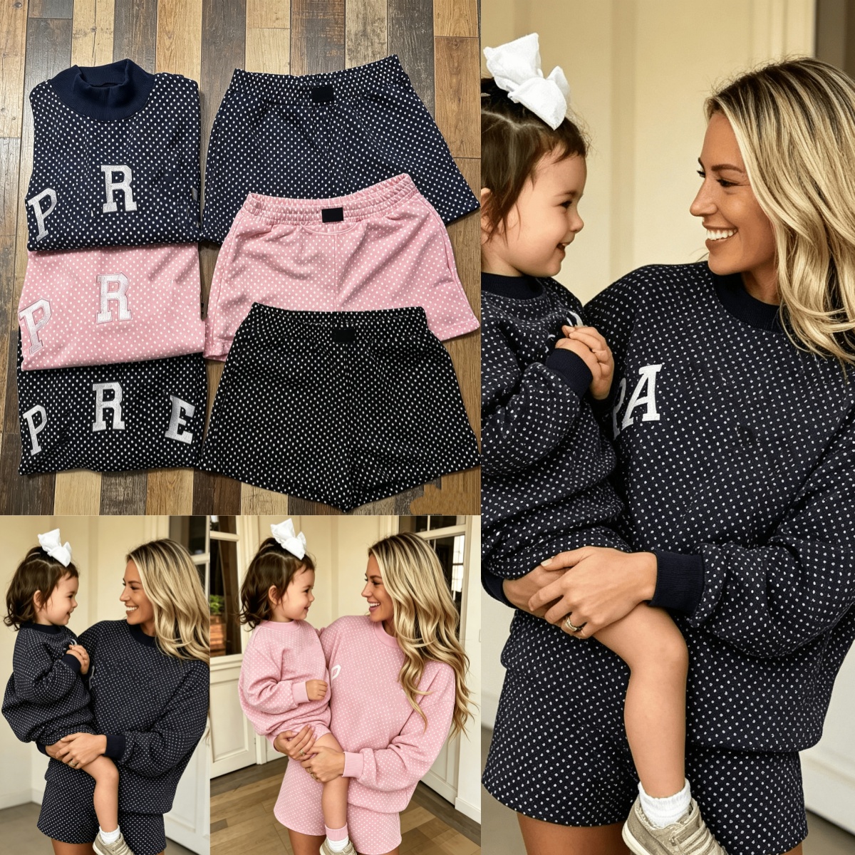 E7366 PAR Ensemble sweat-shirt et short pour enfants et adultes, col haut, lettres brodées, ensemble d'hiver en coton pour femme, col haut, pull